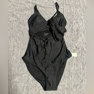 Aerie Tie Front Wrap Full Coverage One Piece Swimsuit - black, small